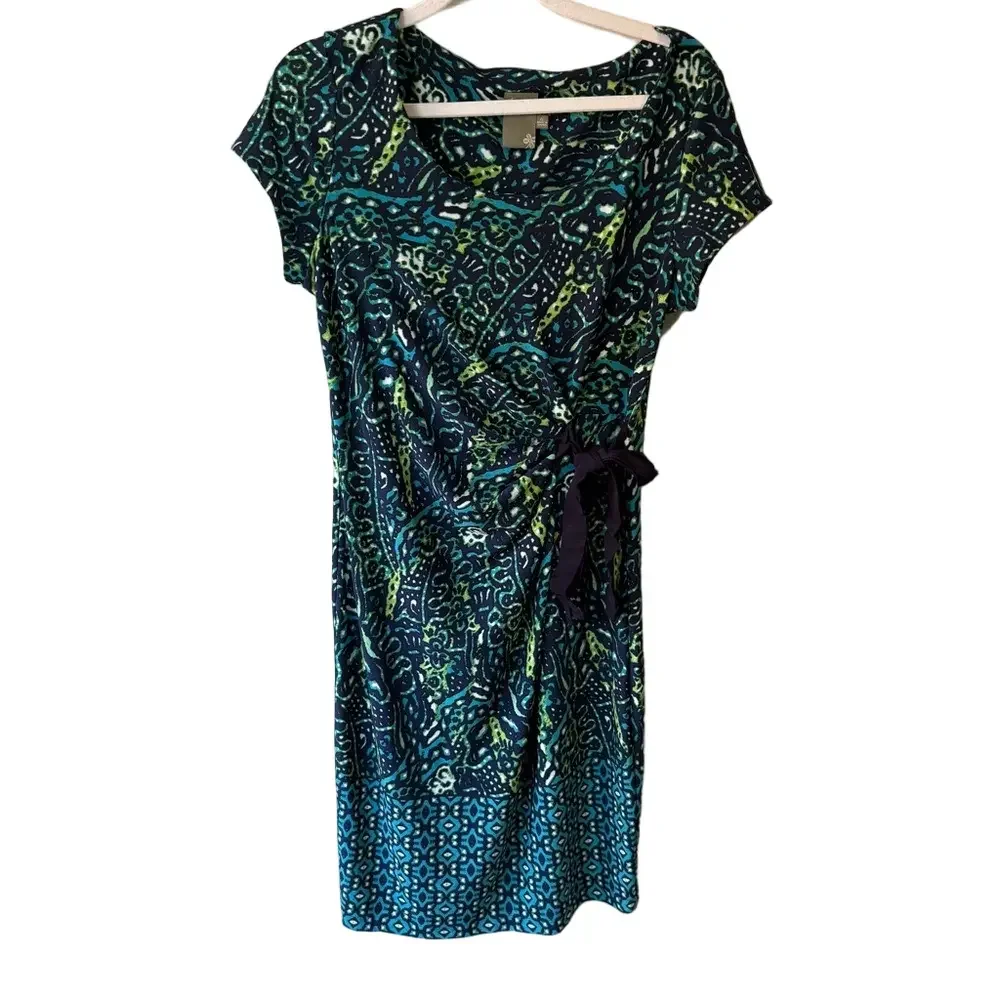 Taylor Blue and Black Ruched Wrap Midi Dress
